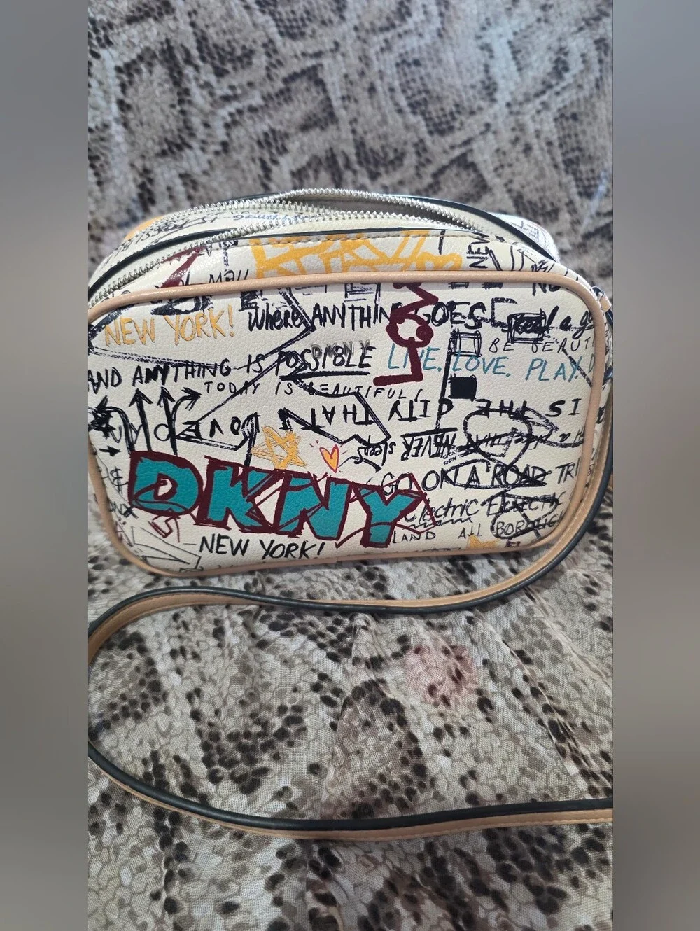 DKNY Graffiti Logo Crossbody in White, Teal & Mustard